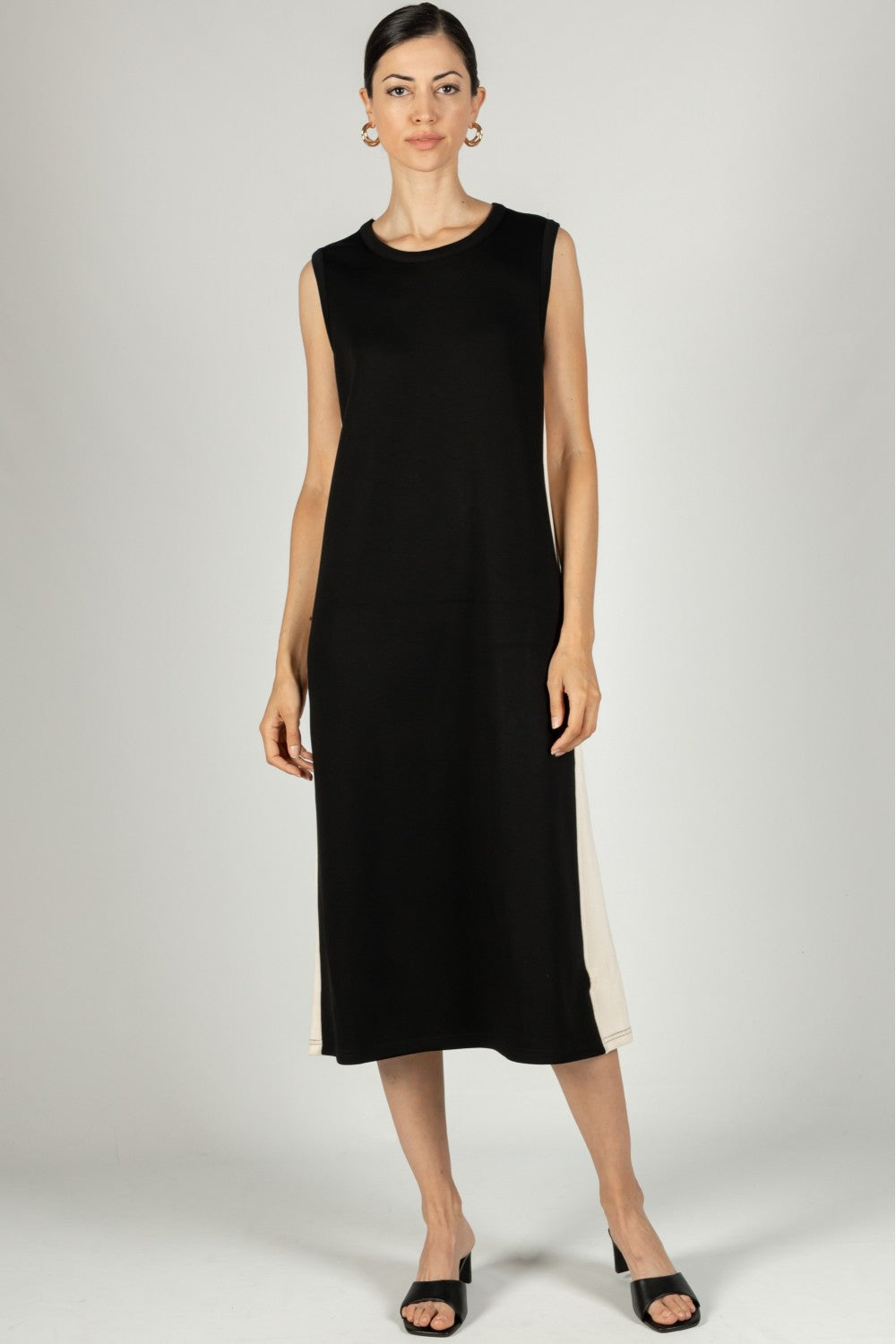 P. CILL Scuba Sleeveless Side Stripe Midi Dress-BLK