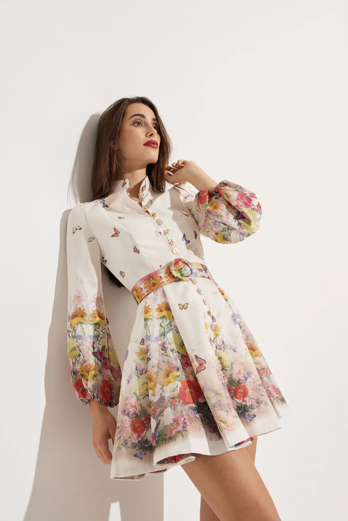 Butterfly/Daisy Print High Neck Belted Short Dress