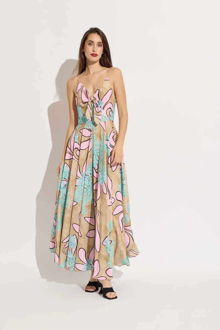Scroll Print Tie Front Maxi Dress