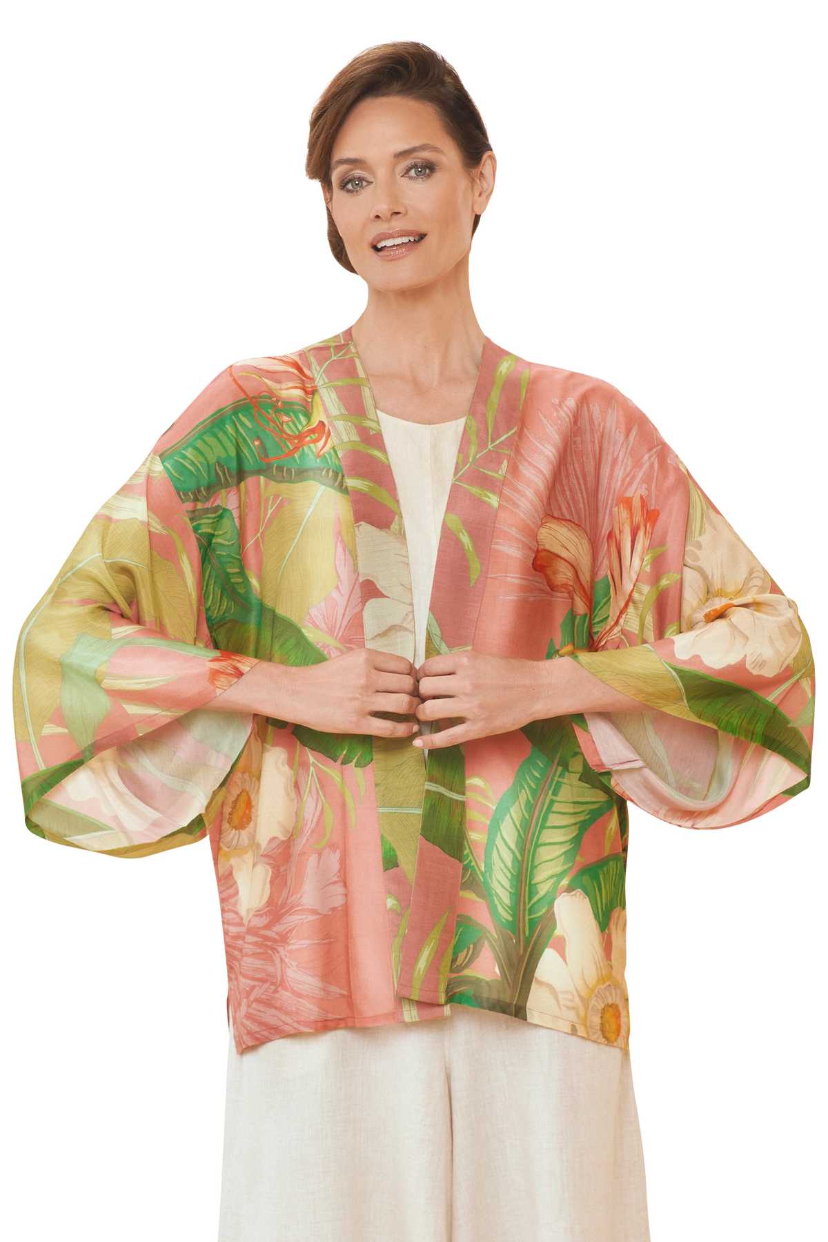 Delicate Tropical Kimono Jacket in Candy