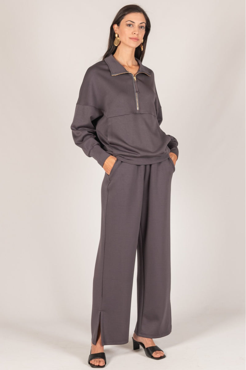 Scuba Modal Wide Leg Pants with Bottom Slits