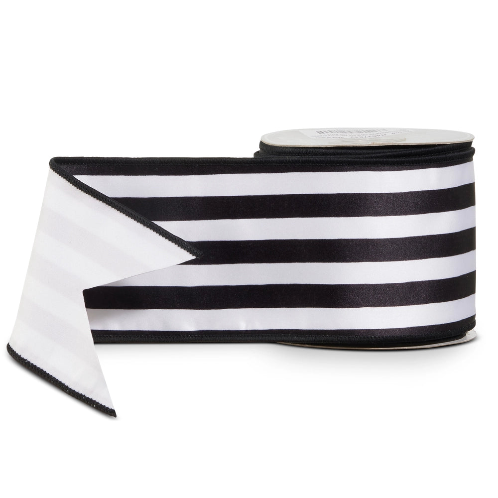 4" X 10 Yds Black and White Striped Satin Wired Ribbon