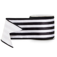 4" X 10 Yds Black and White Striped Satin Wired Ribbon
