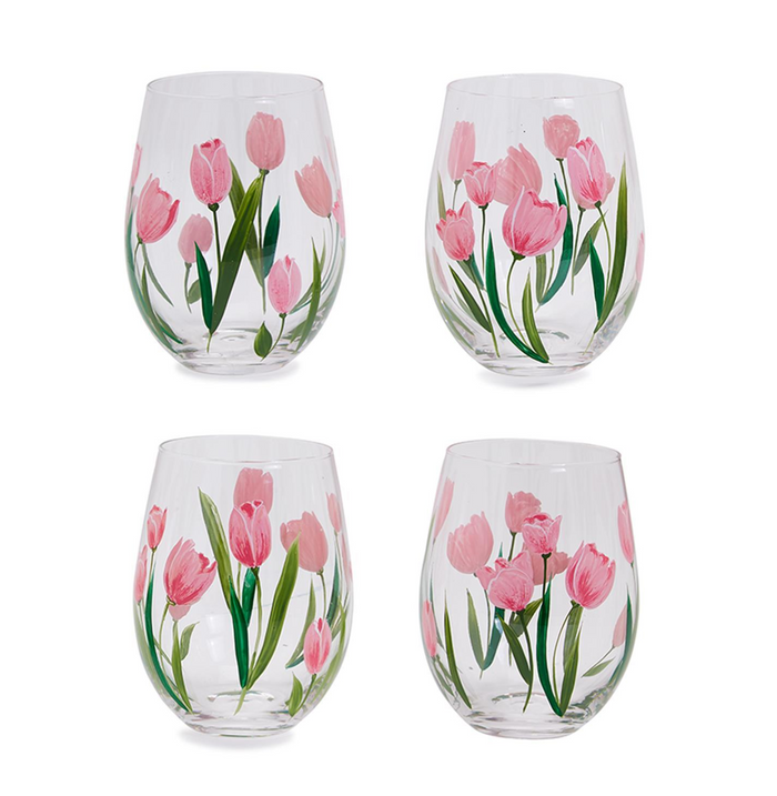 Pink Tulips Hand-Painted Stemless Wine Glass