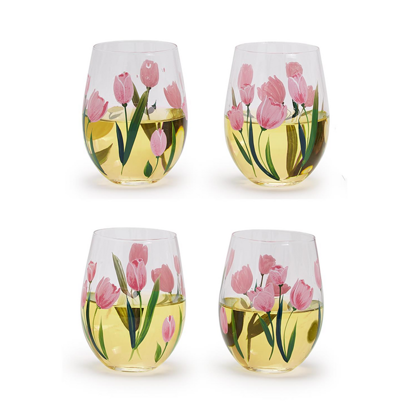 Pink Tulips Hand-Painted Stemless Wine Glass