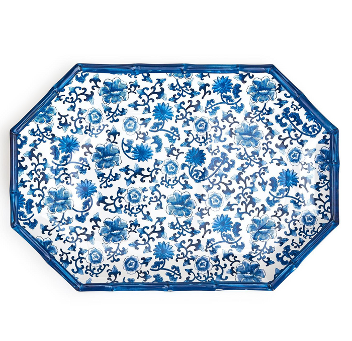 Blue Bamboo Touch Blue Floral Pattern Octagonal Serving Tray