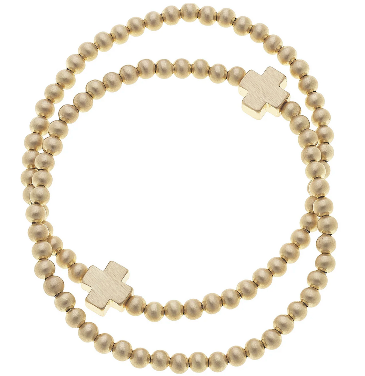 Isa Cross Ball Bead Stretch Bracelets (Set of 2) in Satin Gold