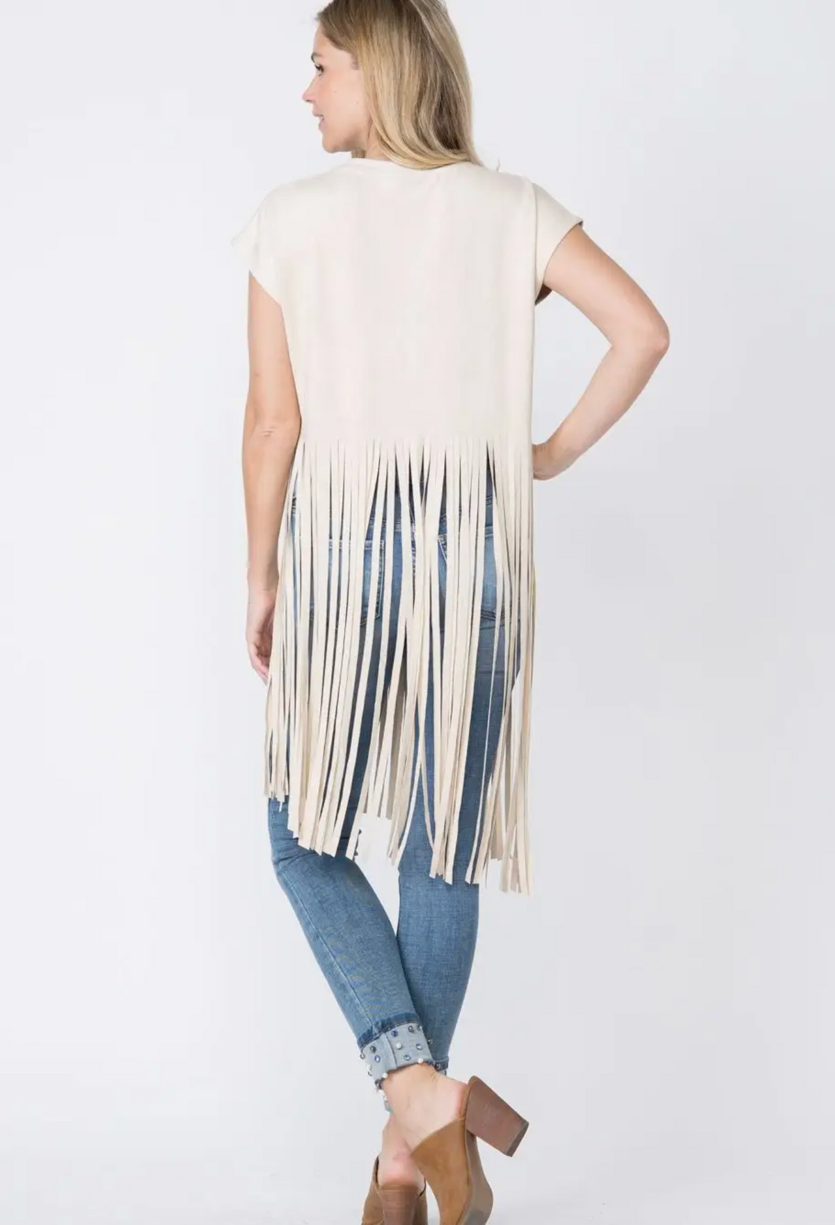 Suede Short Sleeve Long Fringed Top