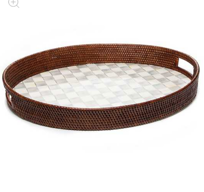 Sterling Check Rattan & Enamel Party Serving Tray