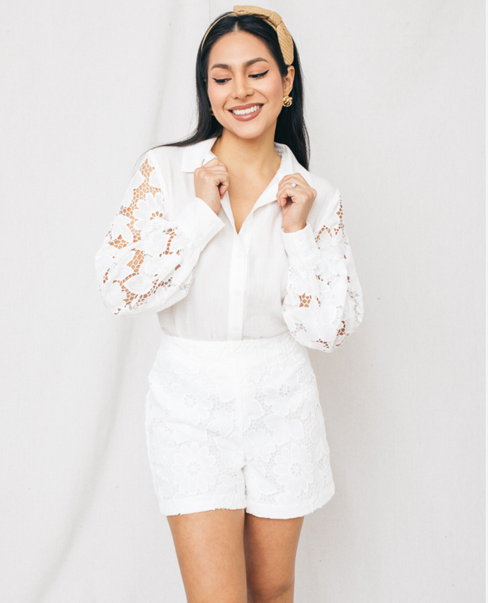 Long Sleeve Button Down W/Contrast Floral Lace