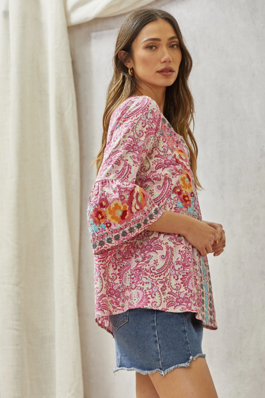 Lightweight Print Embroidery Tunic Top