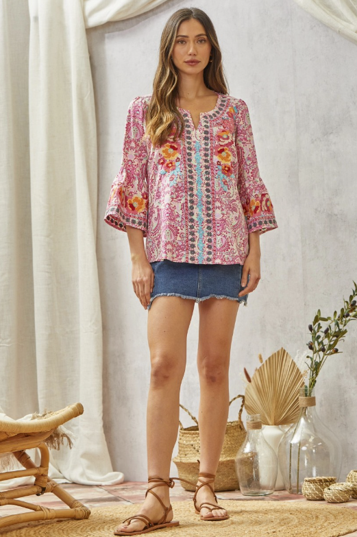 Lightweight Print Embroidery Tunic Top