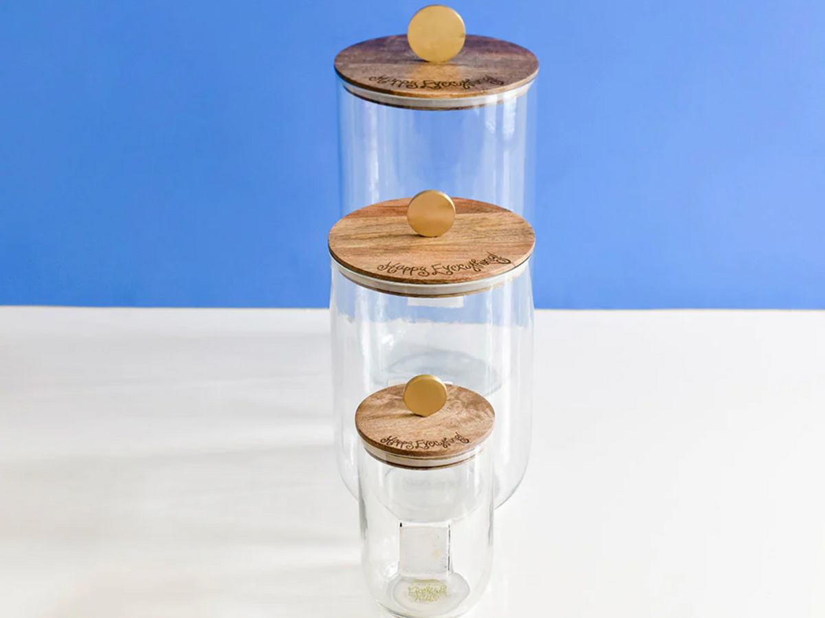 Happy Everything Mini Small Wooden Lid Glass Jar