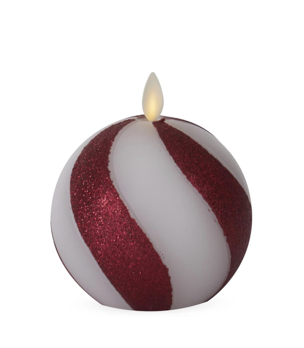 4.5 Inch Red & White Glittered Stripe Wax Luminara Indoor Candle