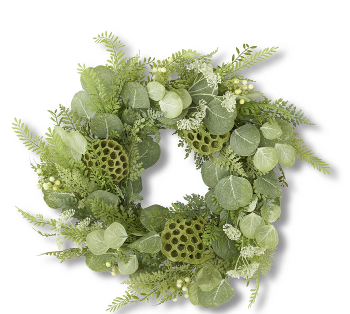 26 Inch Eucalyptus Fern & Lotus Pod Wreath