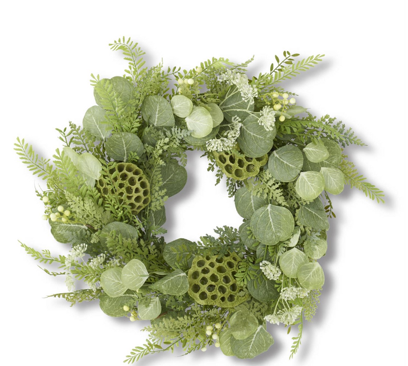 26 Inch Eucalyptus Fern & Lotus Pod Wreath