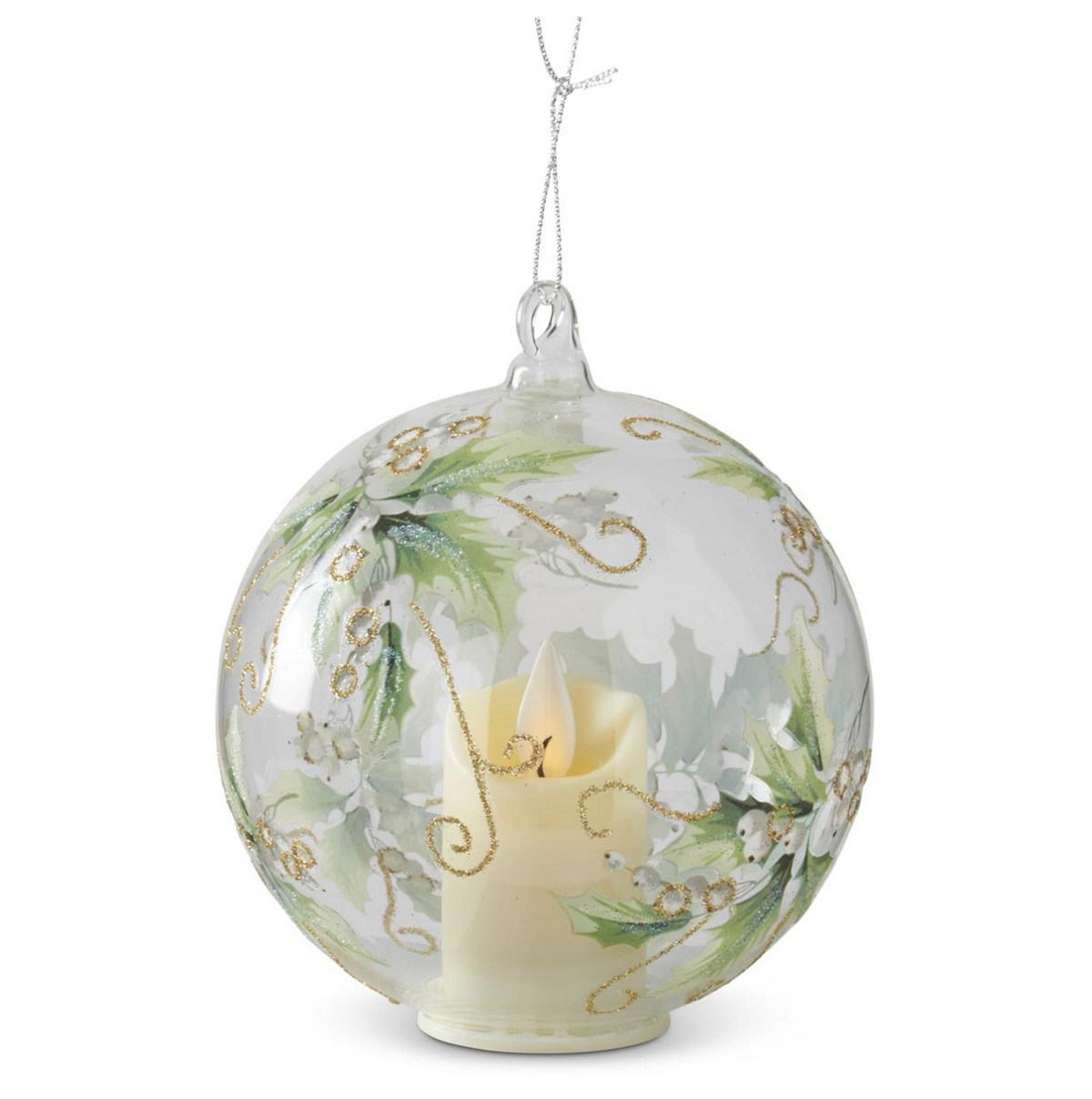 4.75 Inch LED Holly & White Berries Clear Glass Ornament