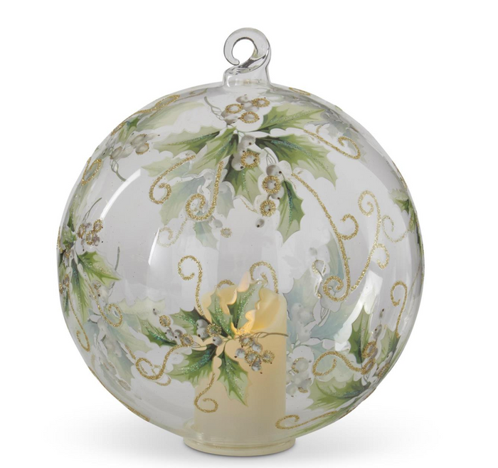 6 Inch LED Holly & White Berries Clear Glass Ornament