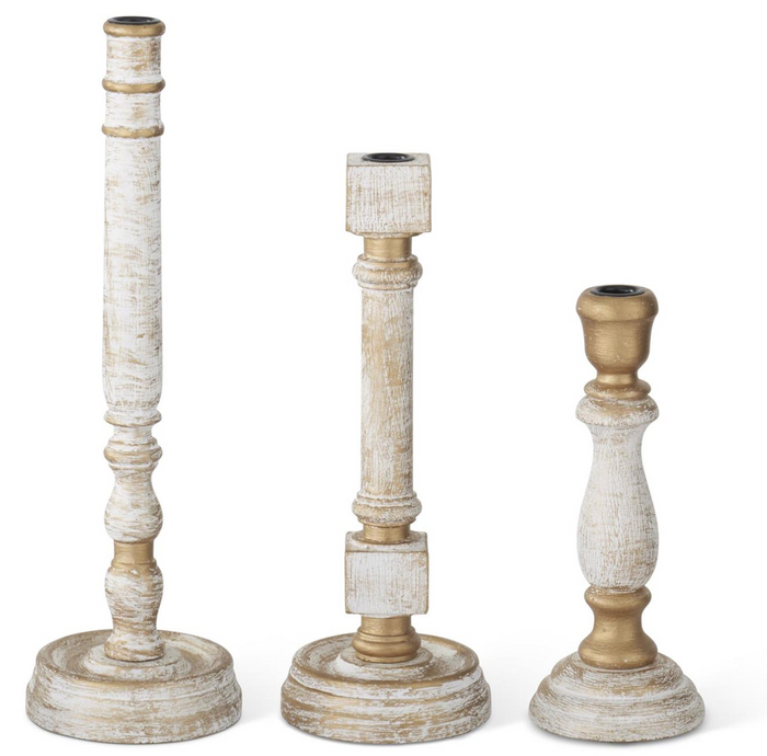 Set of 3 Whitewashed Gold Wood Taper Candleholders