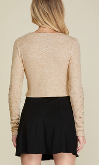 RIB KNIT TOP WITH BEADED RHINESTONES SLEEVE DETAIL