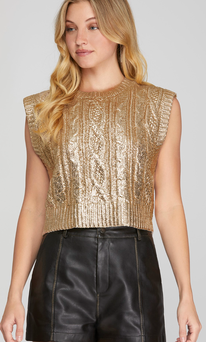 SLEEVELESS CABLE KNIT METALLIC CROP SWEATER