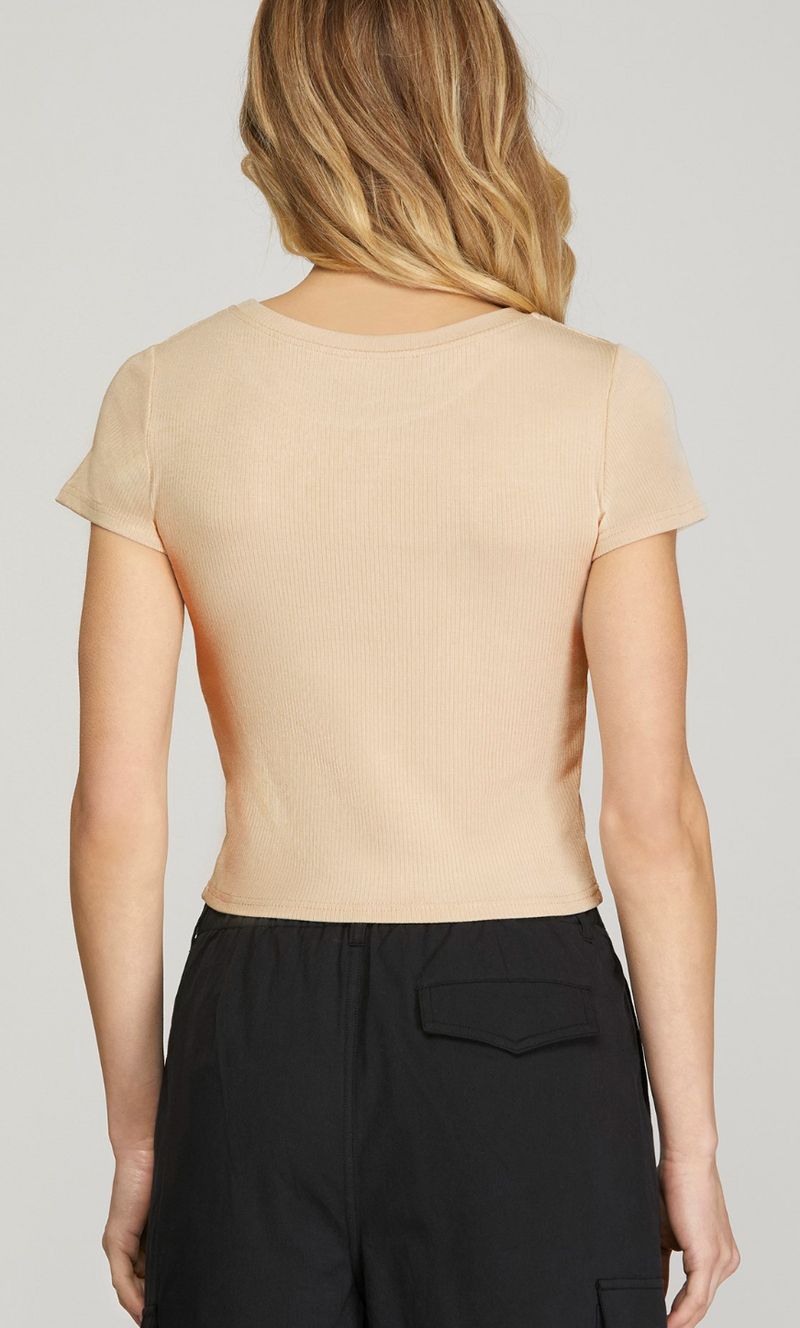 SHORT SLEEVE ROUND NECK RIBBED CROP TOP