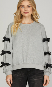 LONG SLEEVE KNIT FRENCH TERRY SWEATSHIRT TOP WITH TIED RIBBON