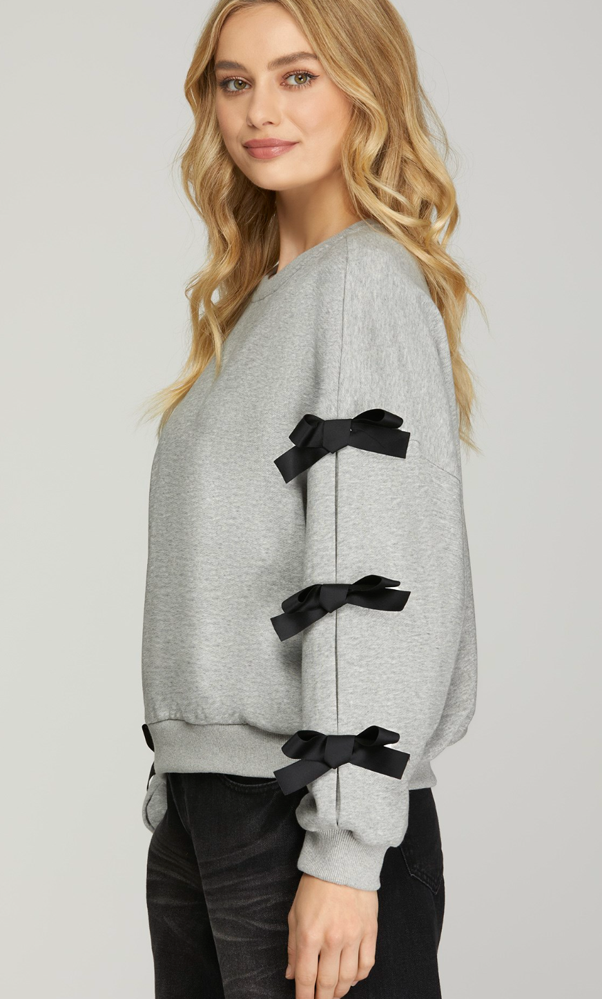 LONG SLEEVE KNIT FRENCH TERRY SWEATSHIRT TOP WITH TIED RIBBON