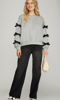 LONG SLEEVE KNIT FRENCH TERRY SWEATSHIRT TOP WITH TIED RIBBON