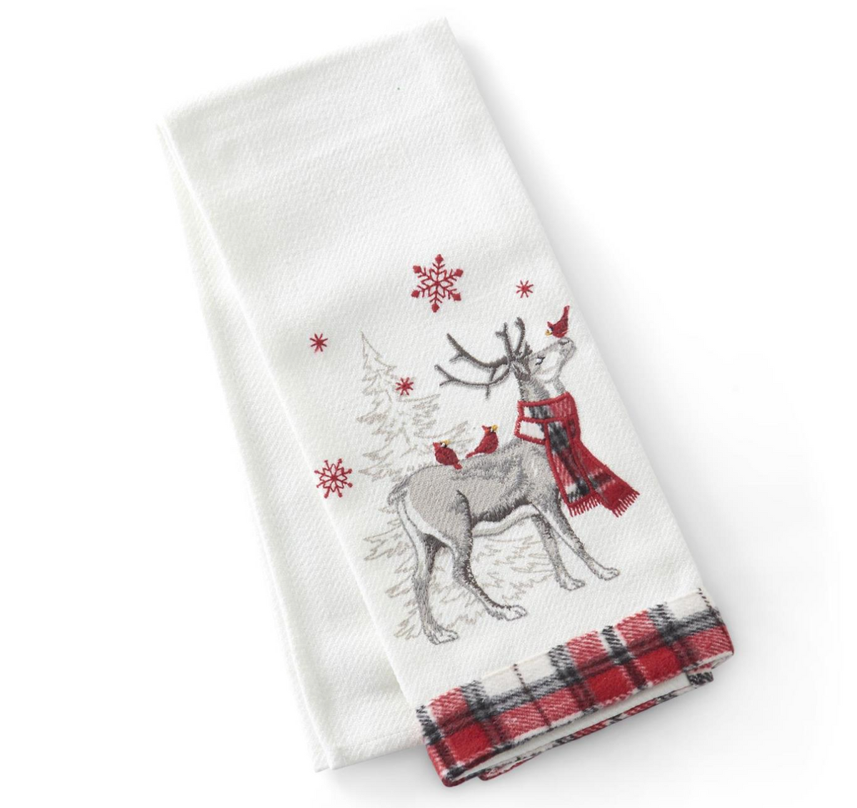 27 Inch White & Plaid Towel w/Embroidered Deer & Cardinals