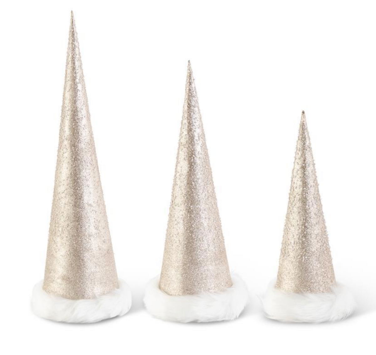 Set of 3 Beaded Gold Glittered Cone Trees w/Fur Trim