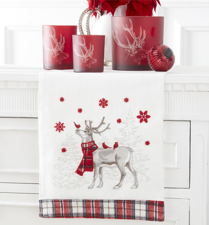 72 Inch White & Plaid Table Runner w/Embroidered Deer & Cardinals