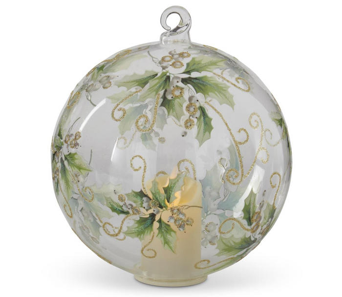 6 Inch LED Holly & White Berries Clear Glass Ornament