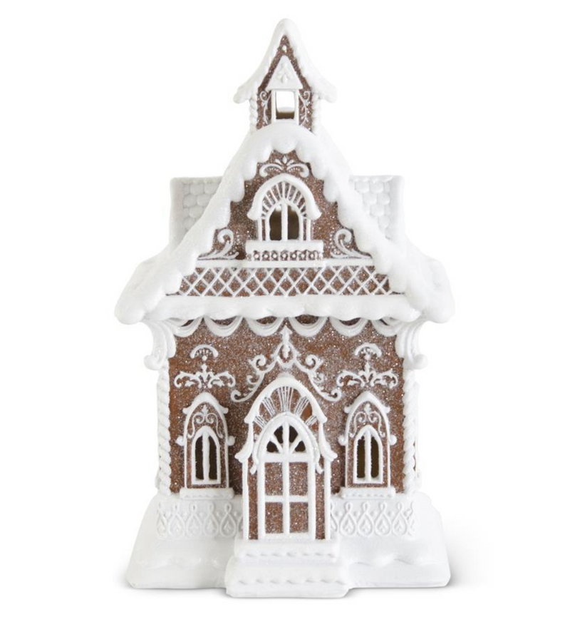 13.75 Inch Brown Resin Glittered LED Gingerbread House w/Timer