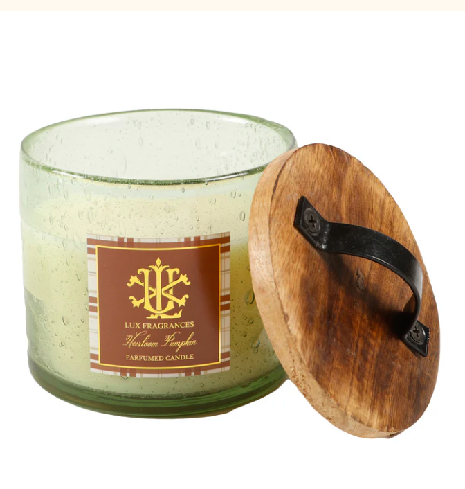 Heirloom Pumpkin in Green Glass with Lid Candle