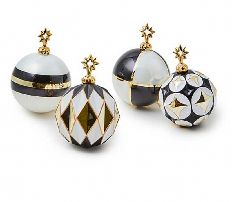 Black & White Star Glass Ball Ornaments, Set of 4