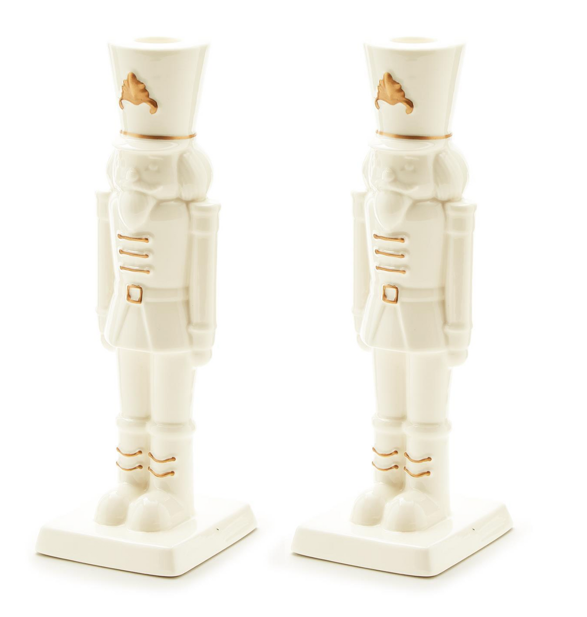 Set of 2 Nutcracker Taper Candle Holders with Hand-Painted Gold Accent - Porcelain