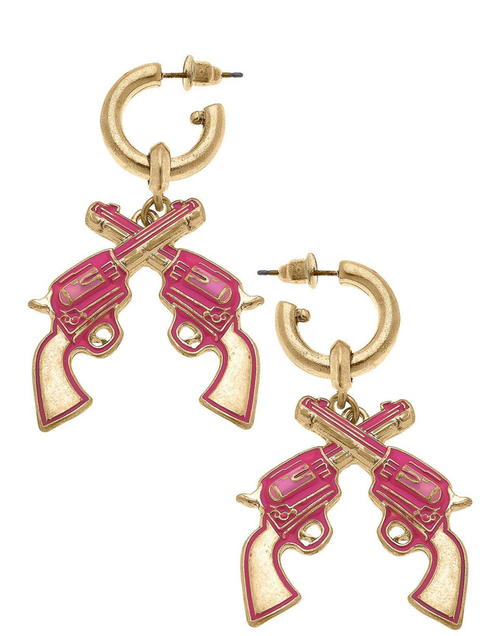 Rodeo Revolvers Enamel Drop Hoop Earrings in Fuchsia