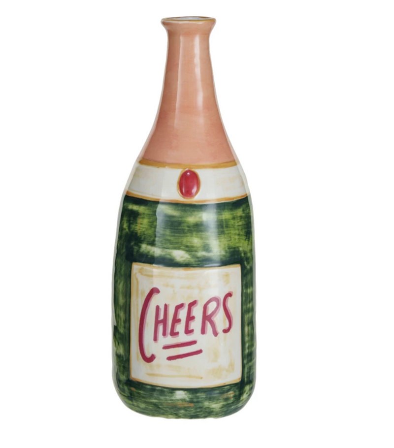 Stoneware Champagne Bottle Shaped Vase "Cheers", Multi Color