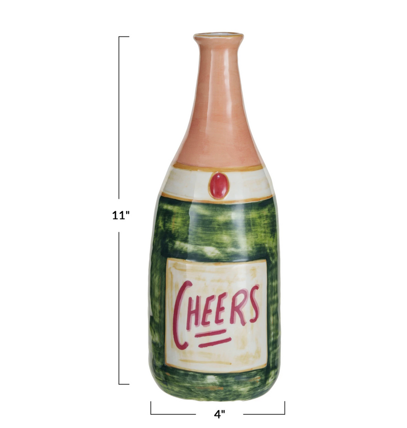 Stoneware Champagne Bottle Shaped Vase "Cheers", Multi Color