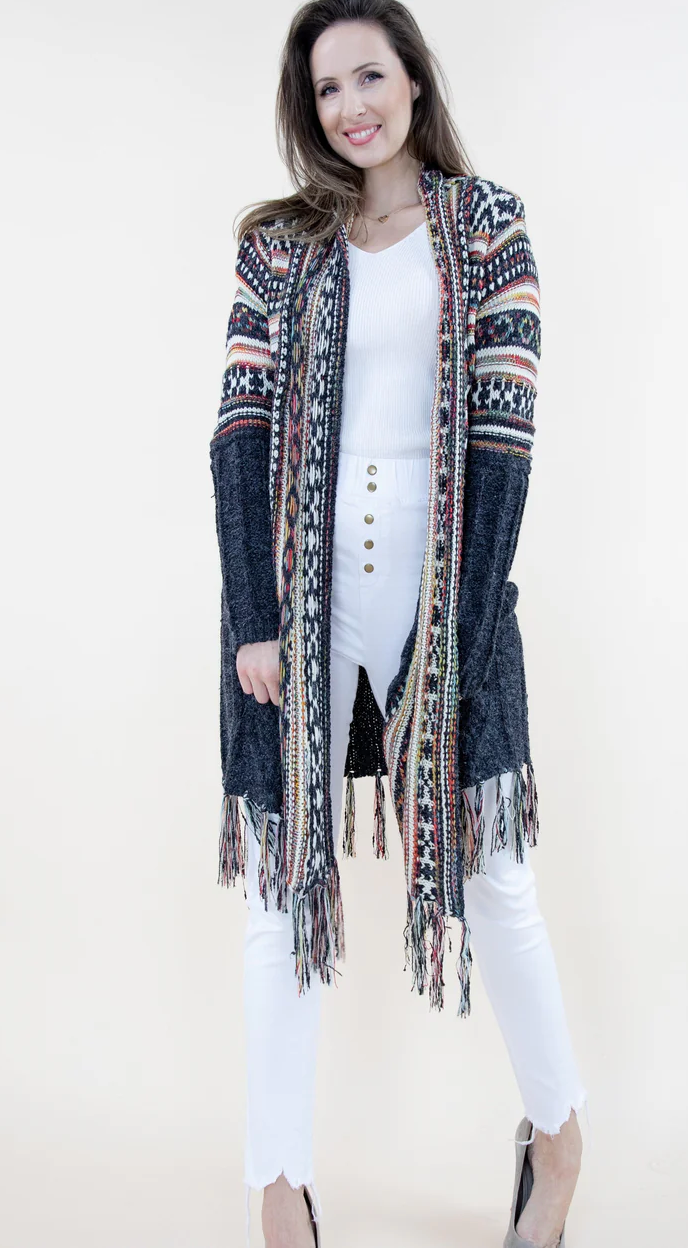 Plus Upper Tribal Stripe Cardigan w/ Fringe