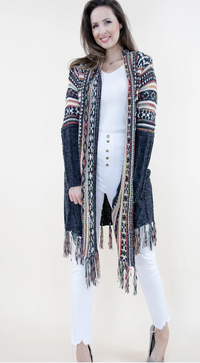 Plus Upper Tribal Stripe Cardigan w/ Fringe