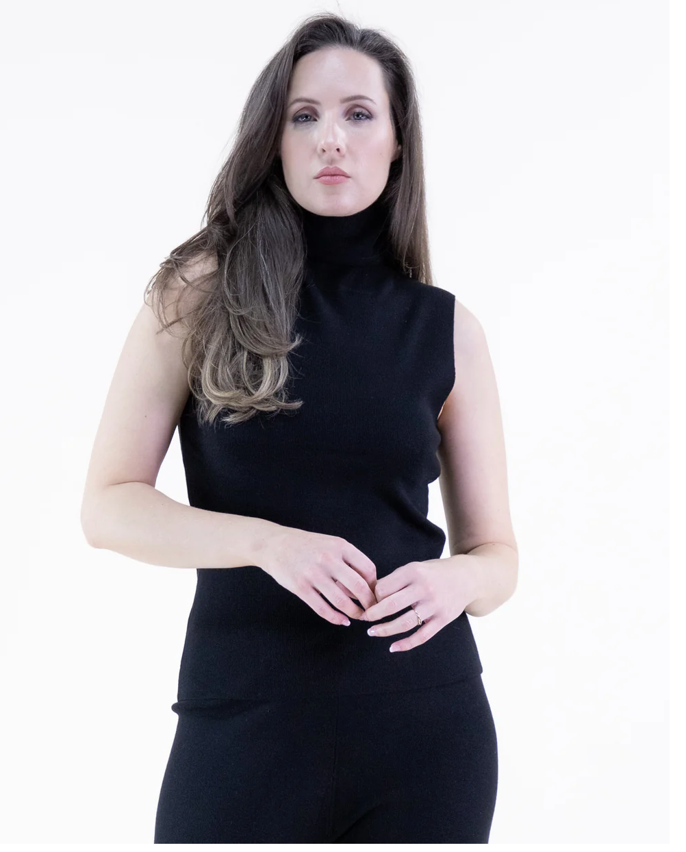 Classy Tight Knit Sleeveless Turtle Neck Top