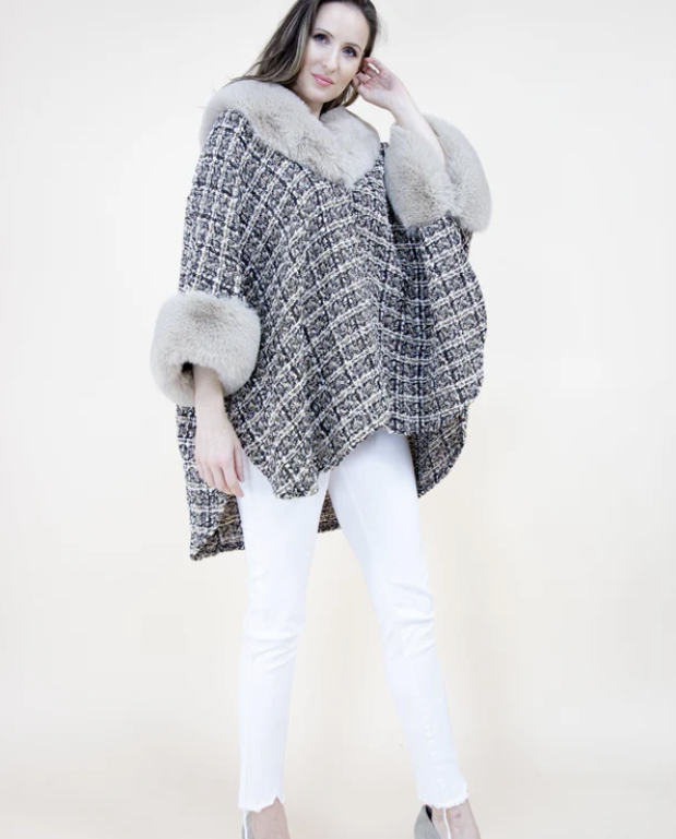 Trimmed Faux Fur Neck and Sleeve Tweed Cape-Beige