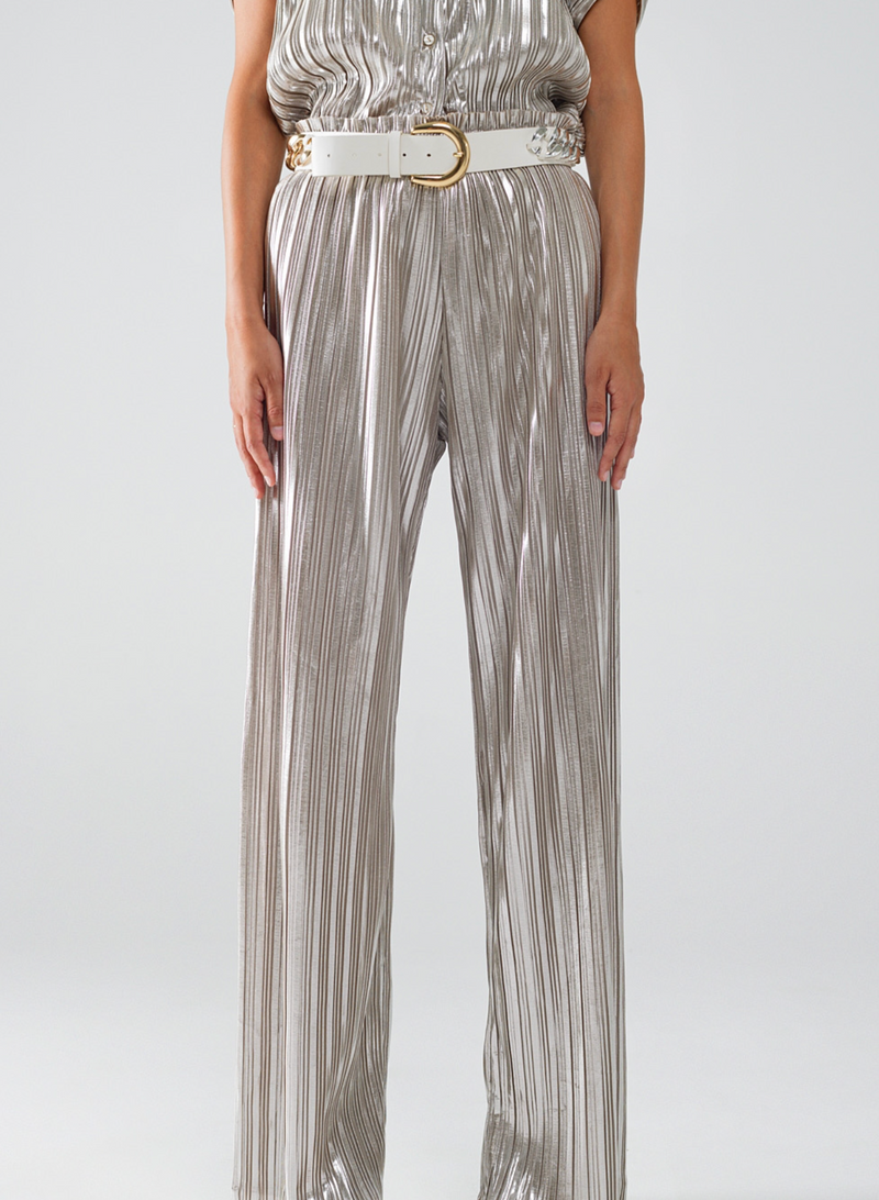 Silver Pleated Pants With Elastic Waistband