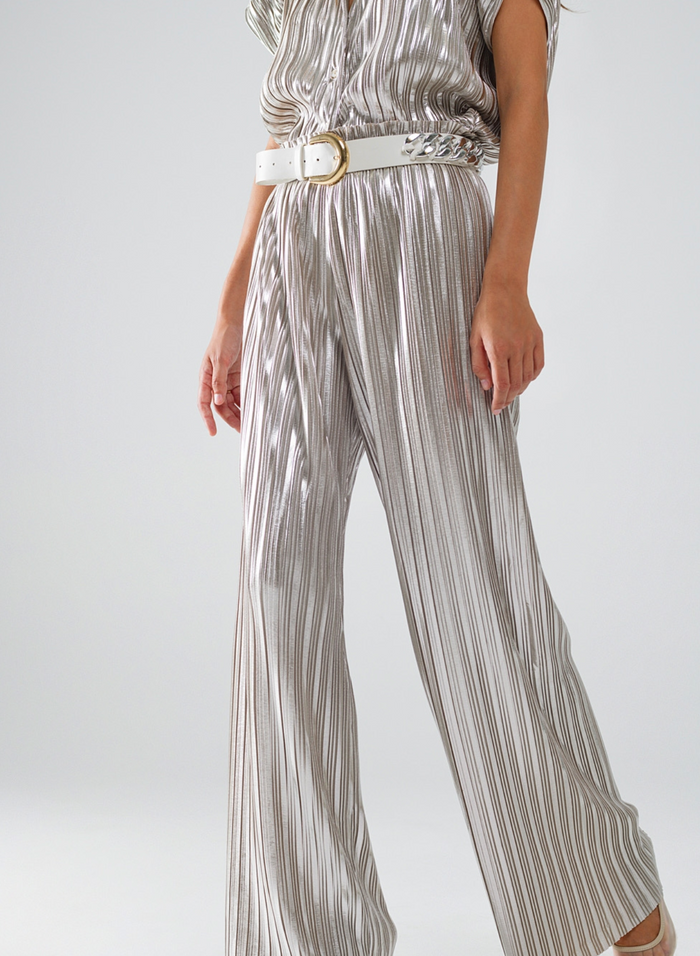 Silver Pleated Pants With Elastic Waistband