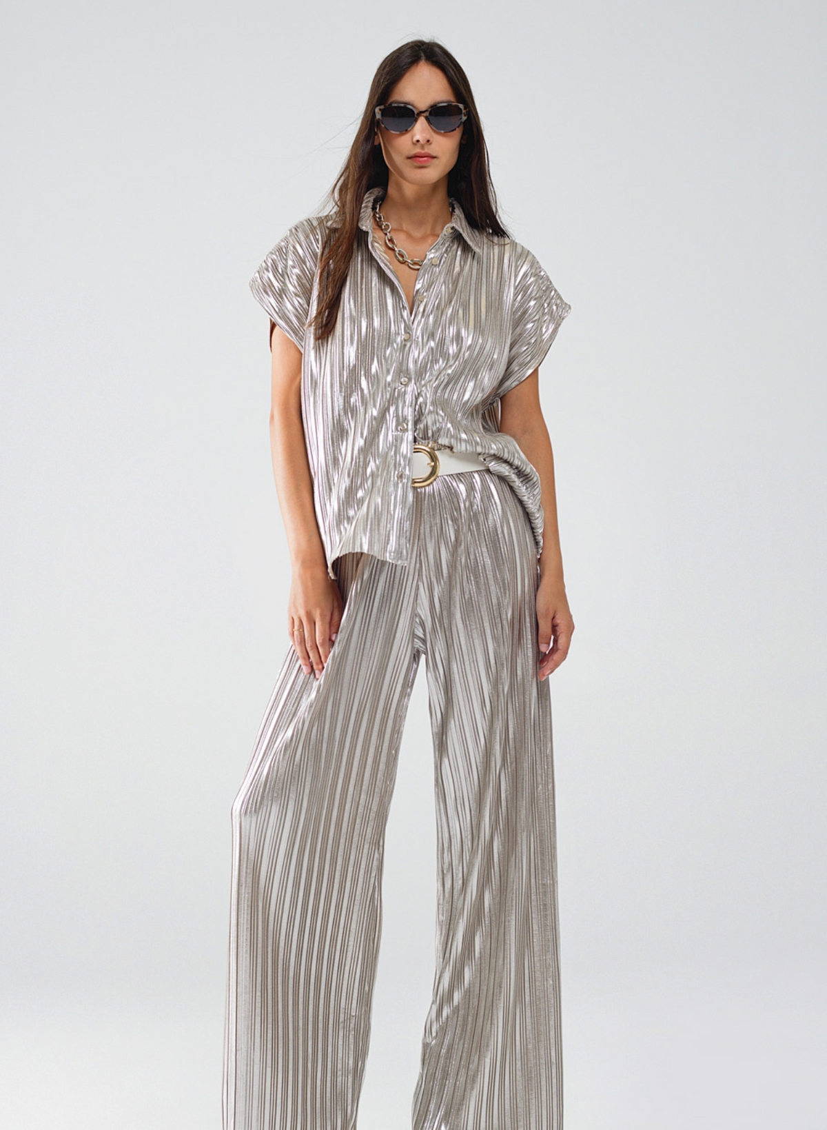 Silver Pleated Pants With Elastic Waistband