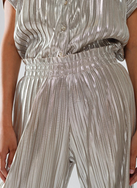 Silver Pleated Pants With Elastic Waistband