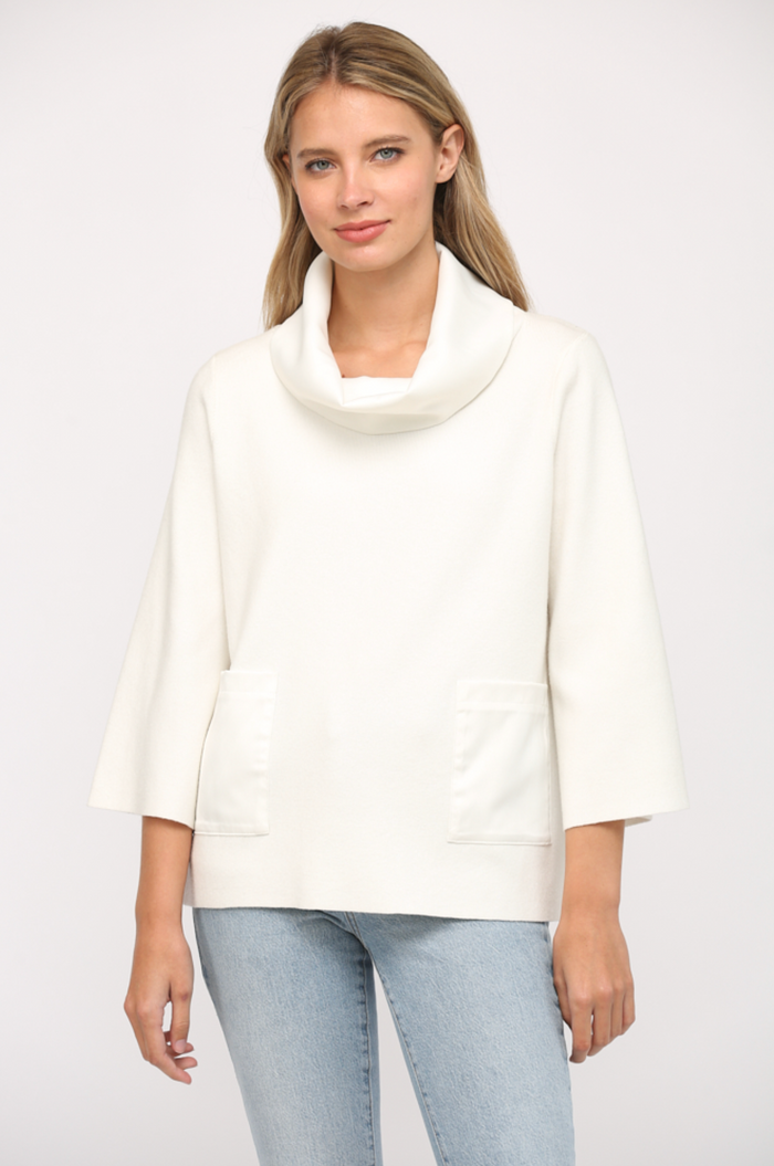 CONTRAST SATIN COWL NECK BELL SLV SWEATER