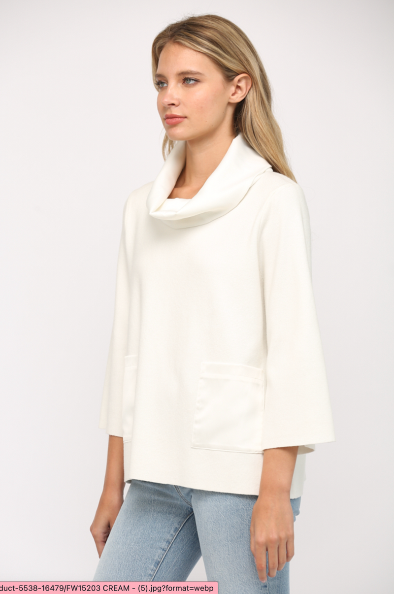 CONTRAST SATIN COWL NECK BELL SLV SWEATER